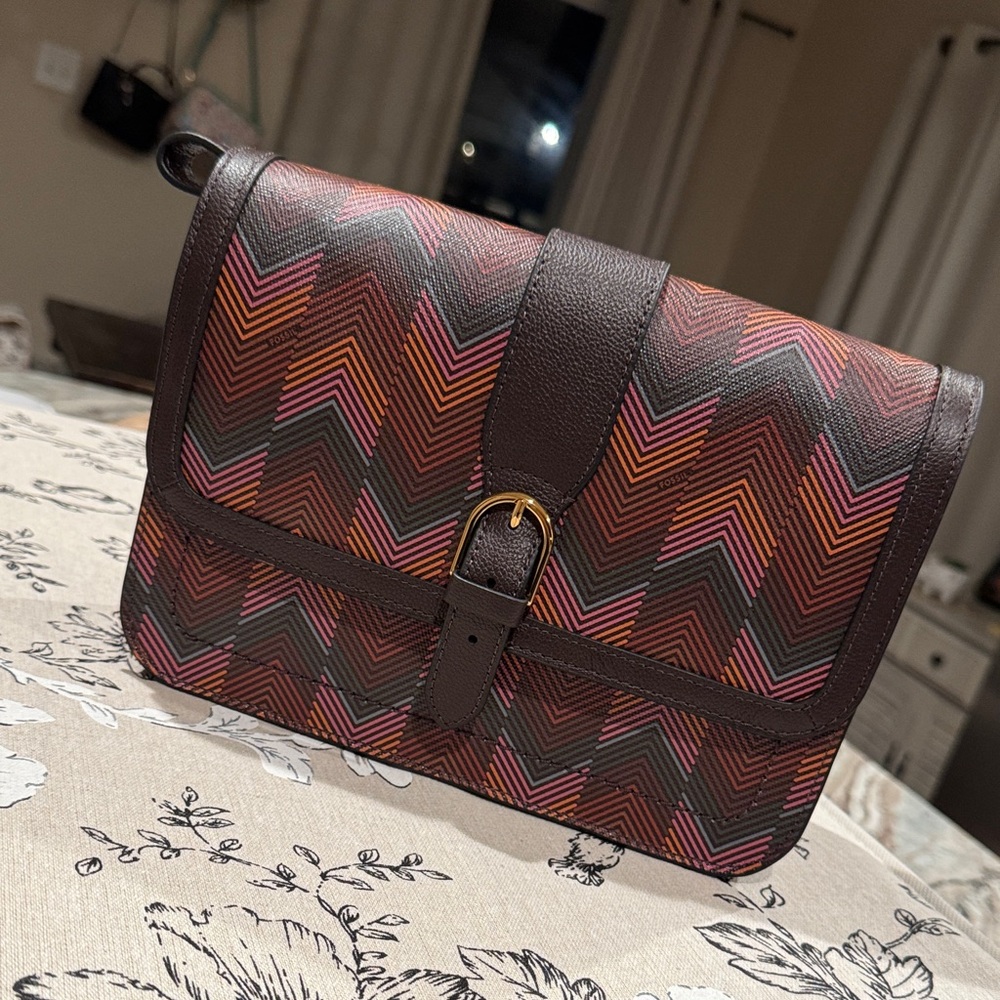 Fossil Chevron Crossbody Bag in Brown and Pink